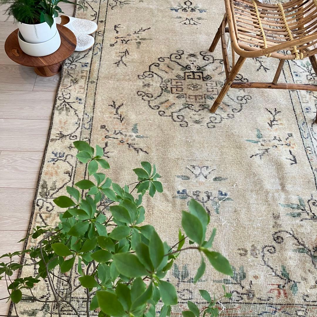 シノワズリ✳︎109×200ロイヤルミルクティー　グリーン　トルコヴィンテージラグ