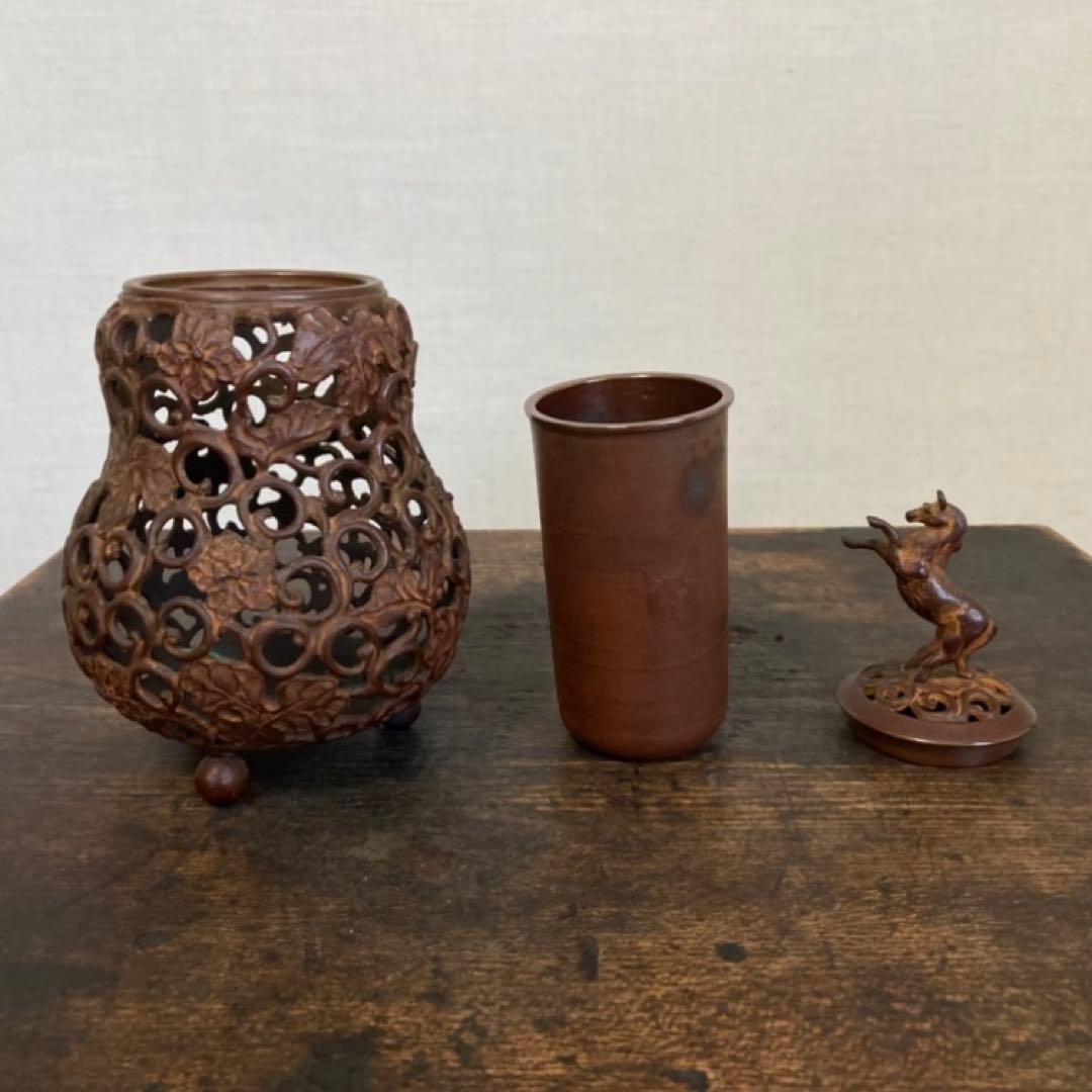 名取川雅司 高岡銅器 香炉 瓢箪 馬 干支 午 透し 置物 美術 工芸品 レトロ