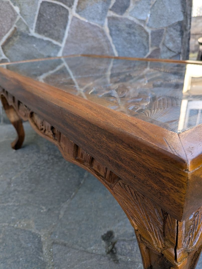 アジアンスタイル 木製彫刻テーブル ガラス天板付き