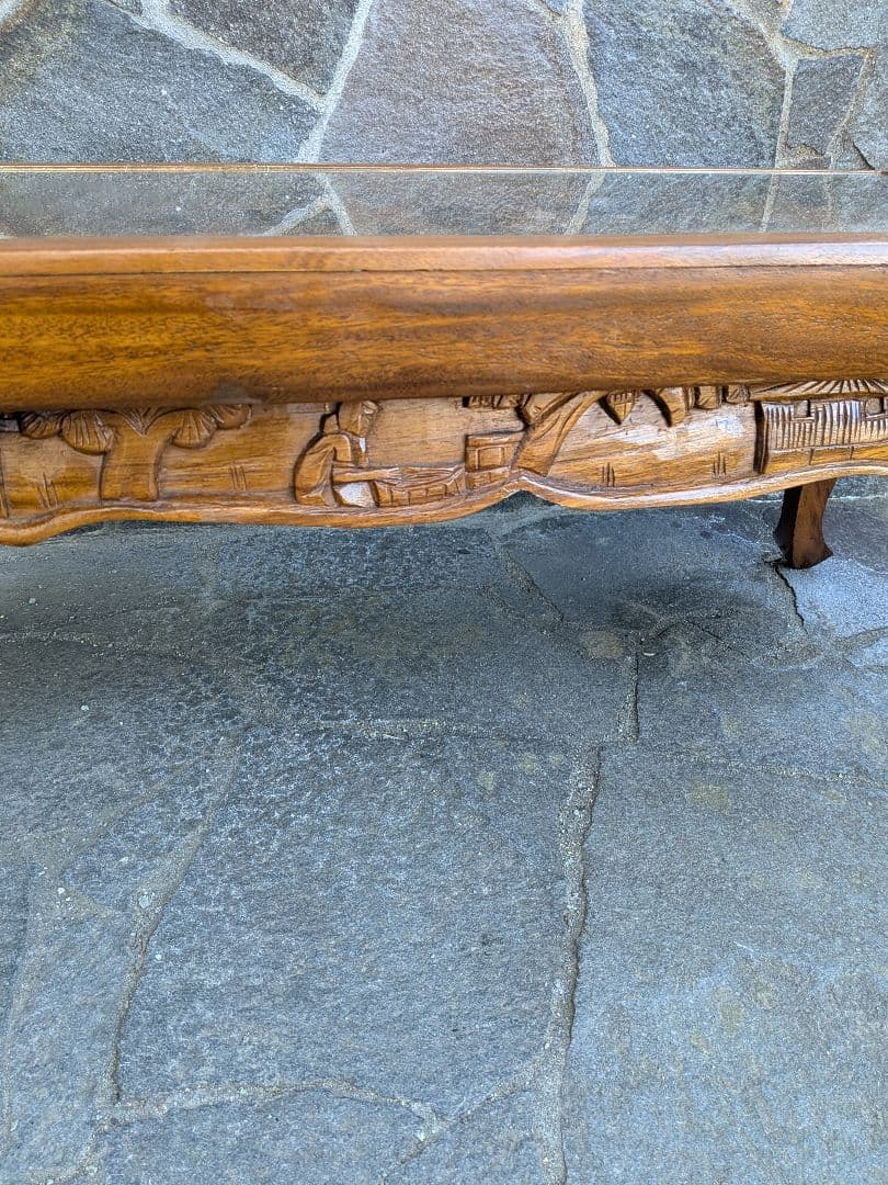 アジアンスタイル 木製彫刻テーブル ガラス天板付き