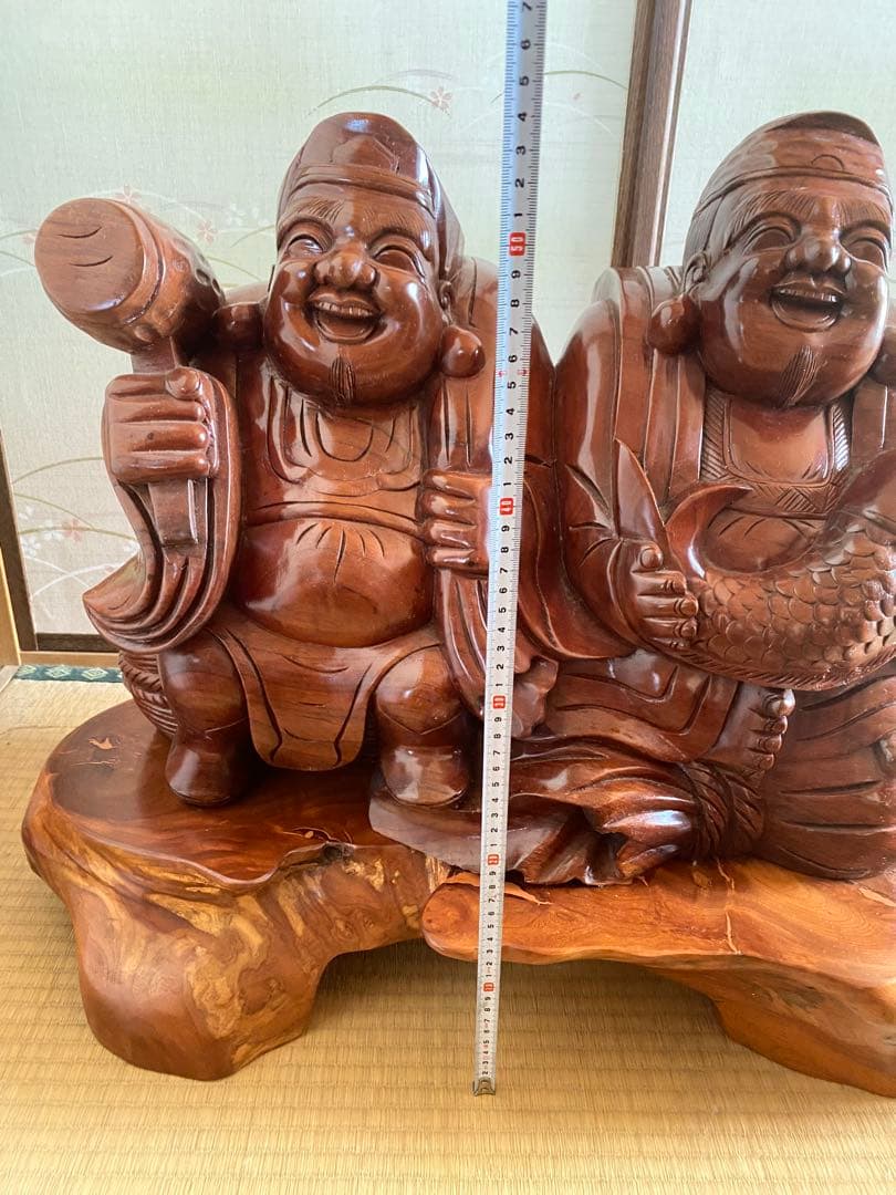 恵比寿と大黒天の木像　七福神　商売繁盛　大漁　財福　骨董　台座付　特大