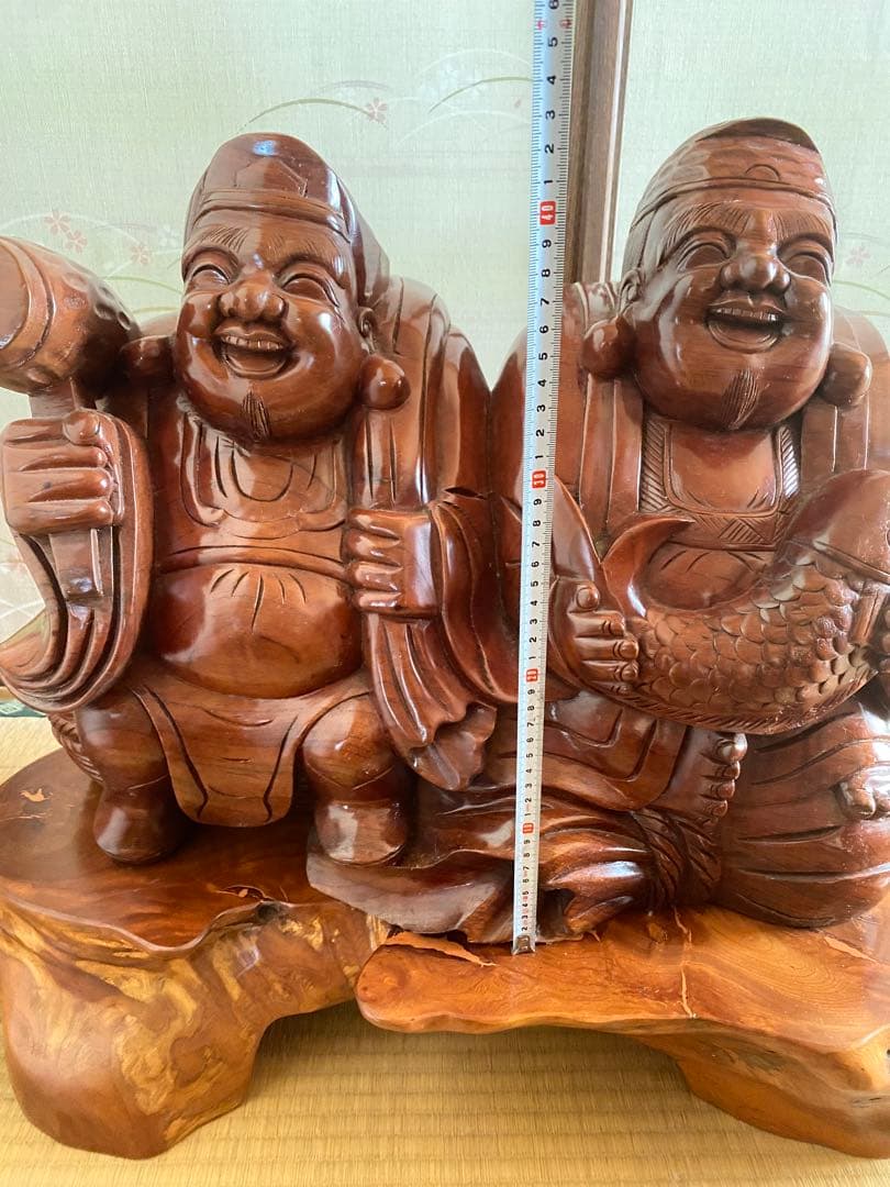 恵比寿と大黒天の木像　七福神　商売繁盛　大漁　財福　骨董　台座付　特大
