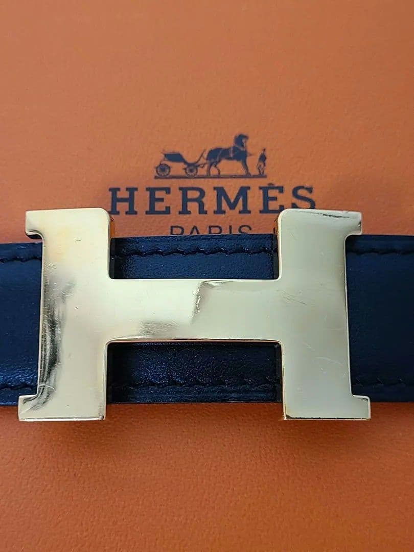 HERMES レザー ベルト 黒/裏:HERMESオレンジ