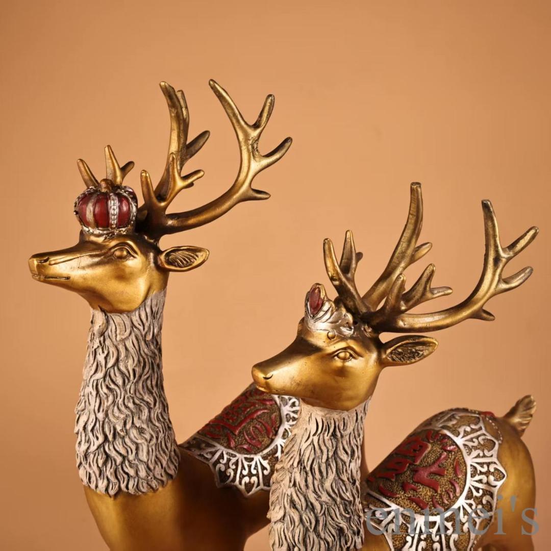 中国古美術 旧蔵 鏨刻描金彩絵 招財鹿一対 純銅 高浮彫 極細工 古銅器 置物