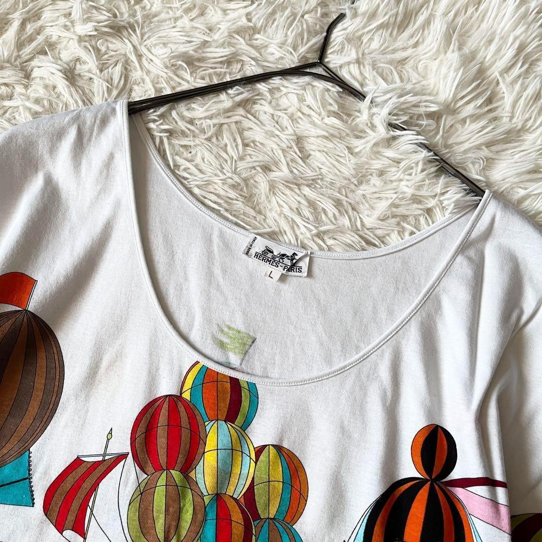 HERMES ワンピース　カラフル　バルーン　半袖　Lサイズ　ホワイト　白