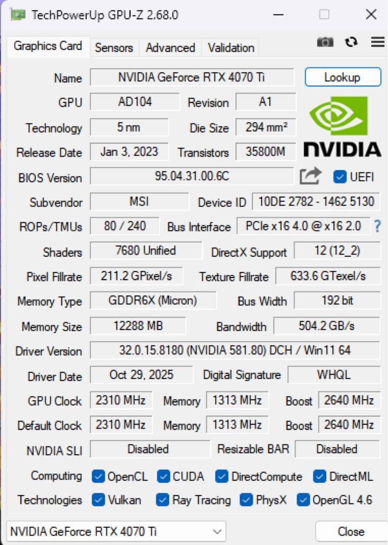 【美品・動作良好】MSI GeForce RTX 4070 Ti 12GB