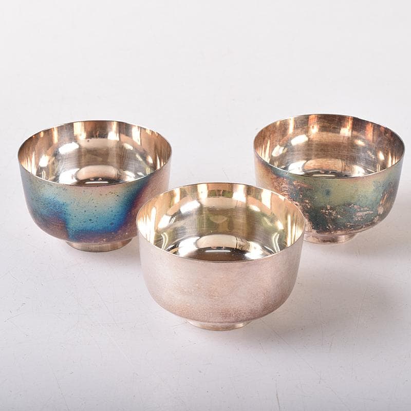 ウスヰ謹製　純銀製　酒器　ちろり二本　酒盃三客　計約258g　共箱　FR8220