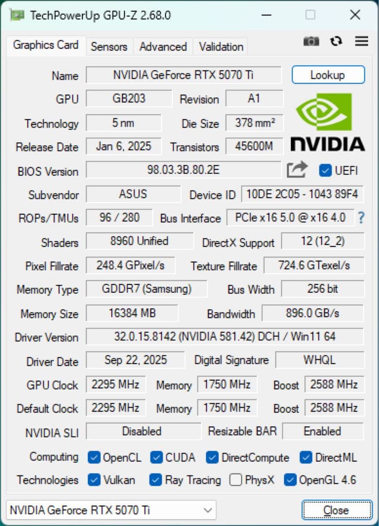 【GPU】ASUS TUF RTX 5070 Ti 16G【中古】