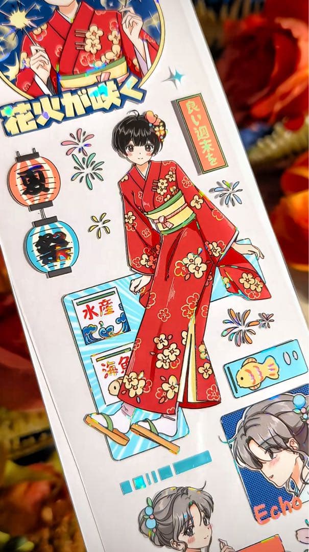 【9437】海外　3/5/巻　貝殻光マスキングテープ　女の子　祭り　夏　人物系