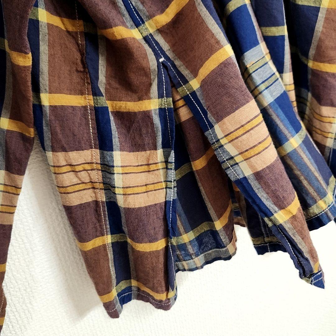 美品✨　45R インド麦平のマドラスフリルカシュクールブラウス　マドラスチェック