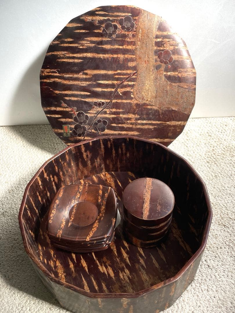 未使用樺細工 桜皮細工 茶道具12点セット十六角茶櫃 伝統工芸品 秋田角館2-1