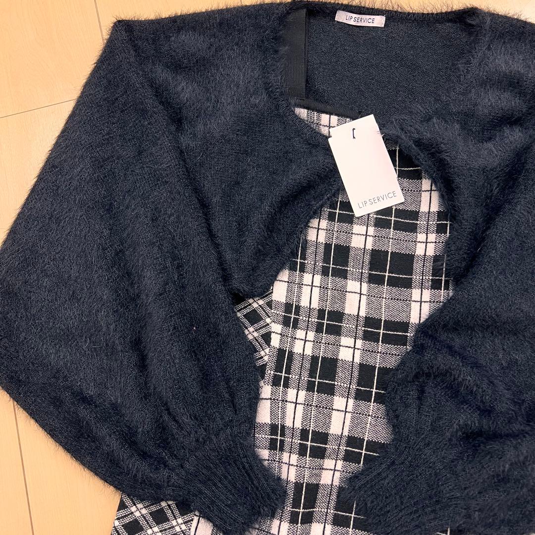 12新品リップサービス定価13090円フェザーチェックアンサンブルワンピース黒S