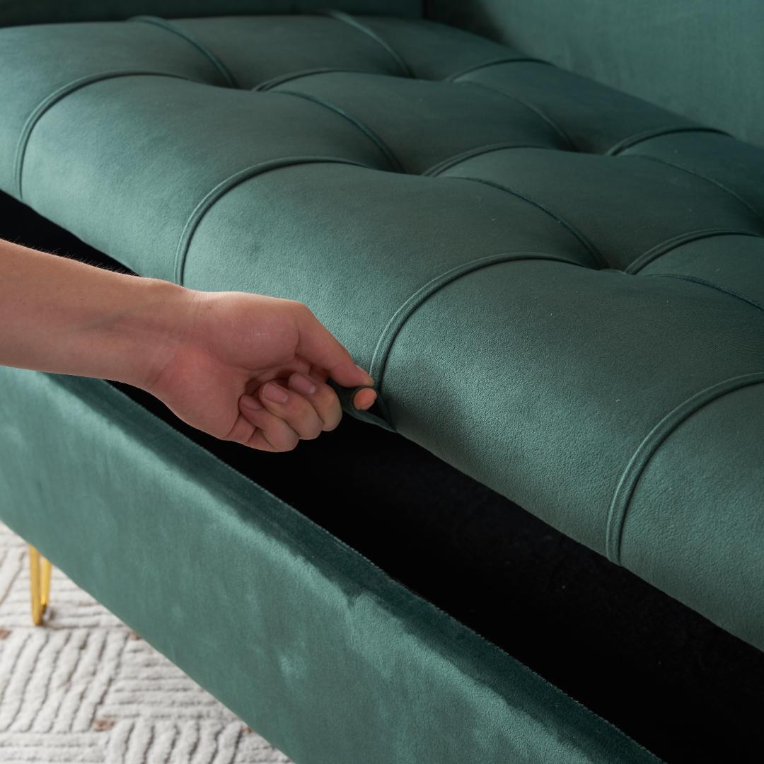 グリーン ソファー 2人掛け ソファ 収納付き クッション4個付き金属脚付き