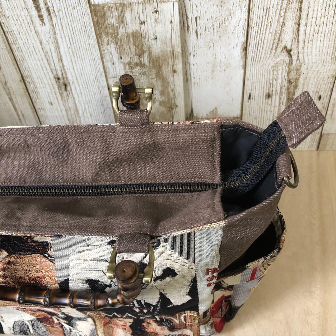 トートバッグ　ハンドメイド　デニムリメイク　ブラウン×ブラック　バンブー【新品】