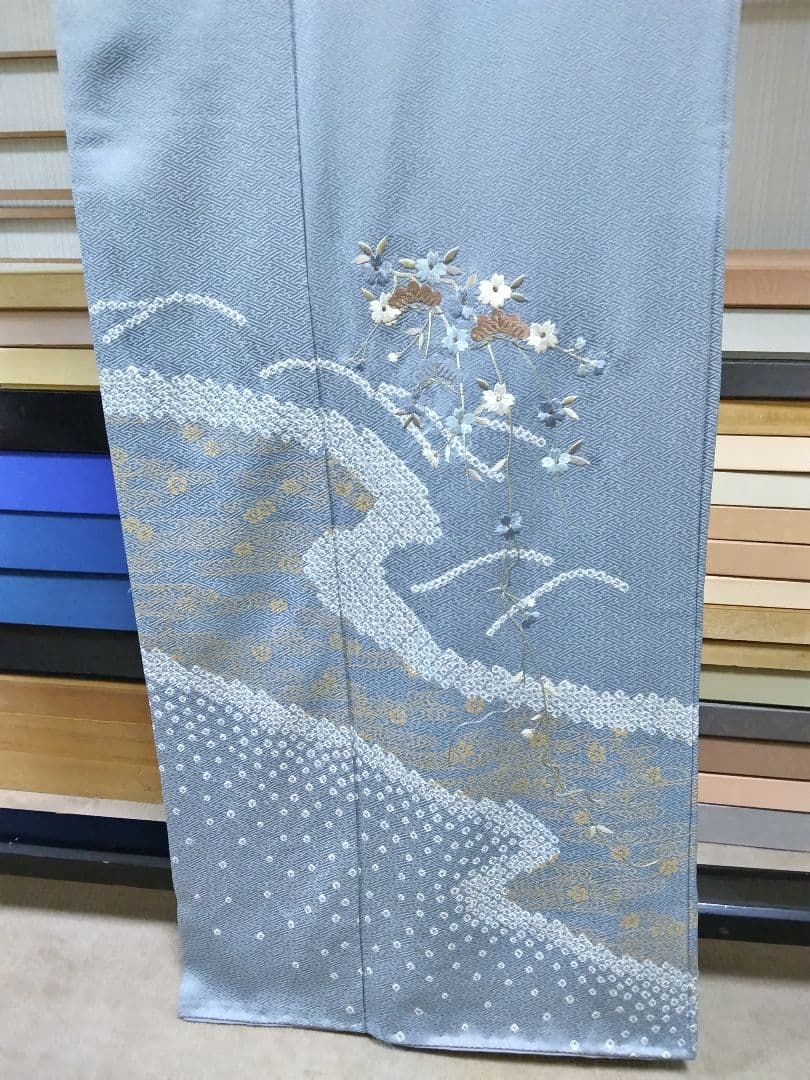 最終値下げ F-295 付け下げ 松 桜 袷 金彩 手刺繍 絞り 正絹 美品