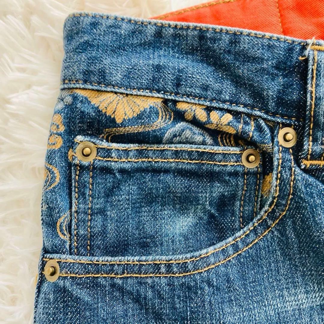 【超美品】絡繰魂 デニムパンツ 34 家紋 刺繍 和柄 鷲 鷹 ジーンズ