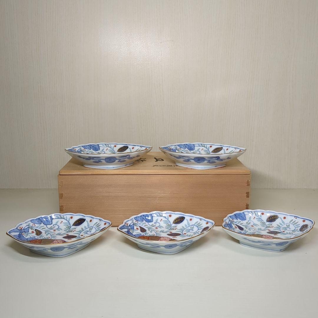 賞美堂　其泉窯　鮑型　金彩色絵菊花唐草紋　和皿揃　小皿揃　銘々皿５枚
