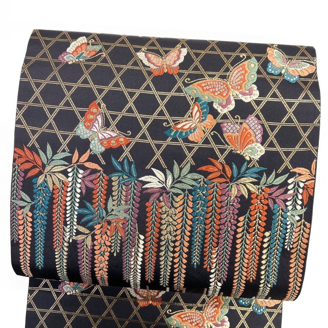 袋帯　能衣彩花段紋　藤の花　笹　蝶模様　籠目　金糸　着物　114b p ms