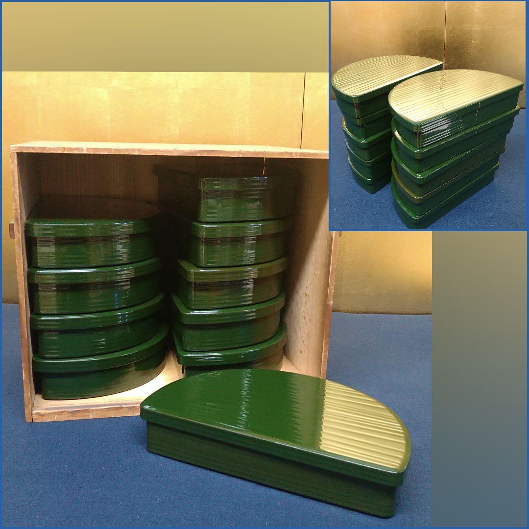 AG31 青漆塗 半月弁当 木目 刷毛木半月弁当 蓋裏絵違い 懐石 会席 茶道具