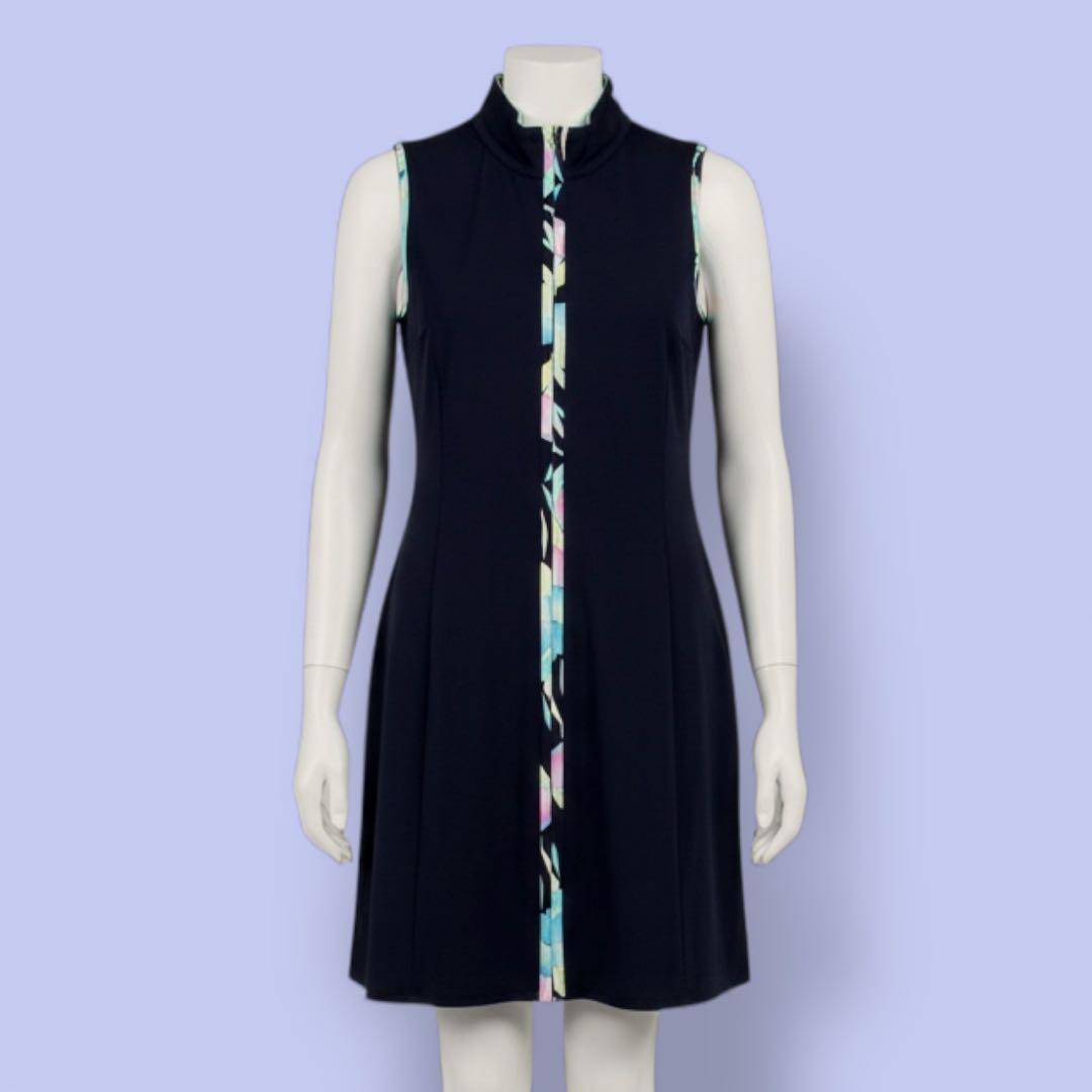 美品 レオナール ジップアップ ノースリーブワンピース トリム ネイビー 40