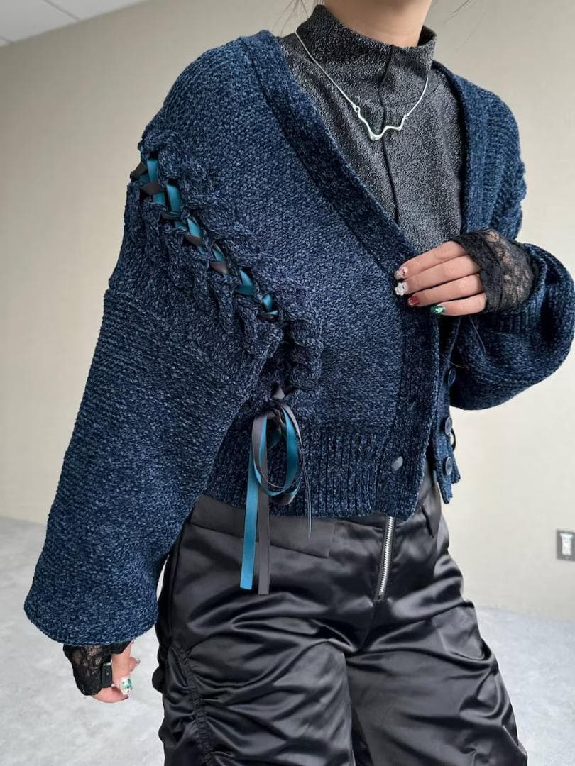 即完売品 新作 新品 HARE モールレースアップカーディガン ブルー