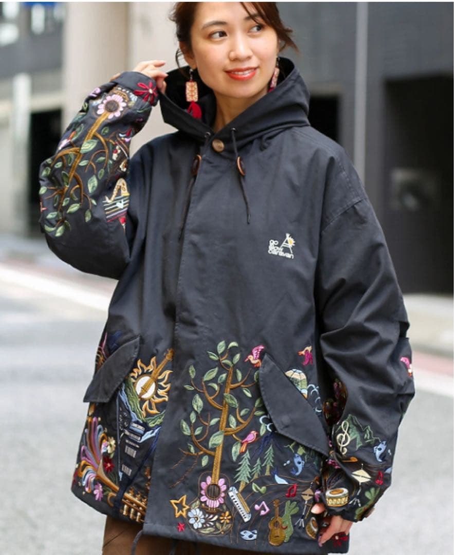 go slow caravan コードクロスパネル 刺繍 モッズコート 黒 音楽