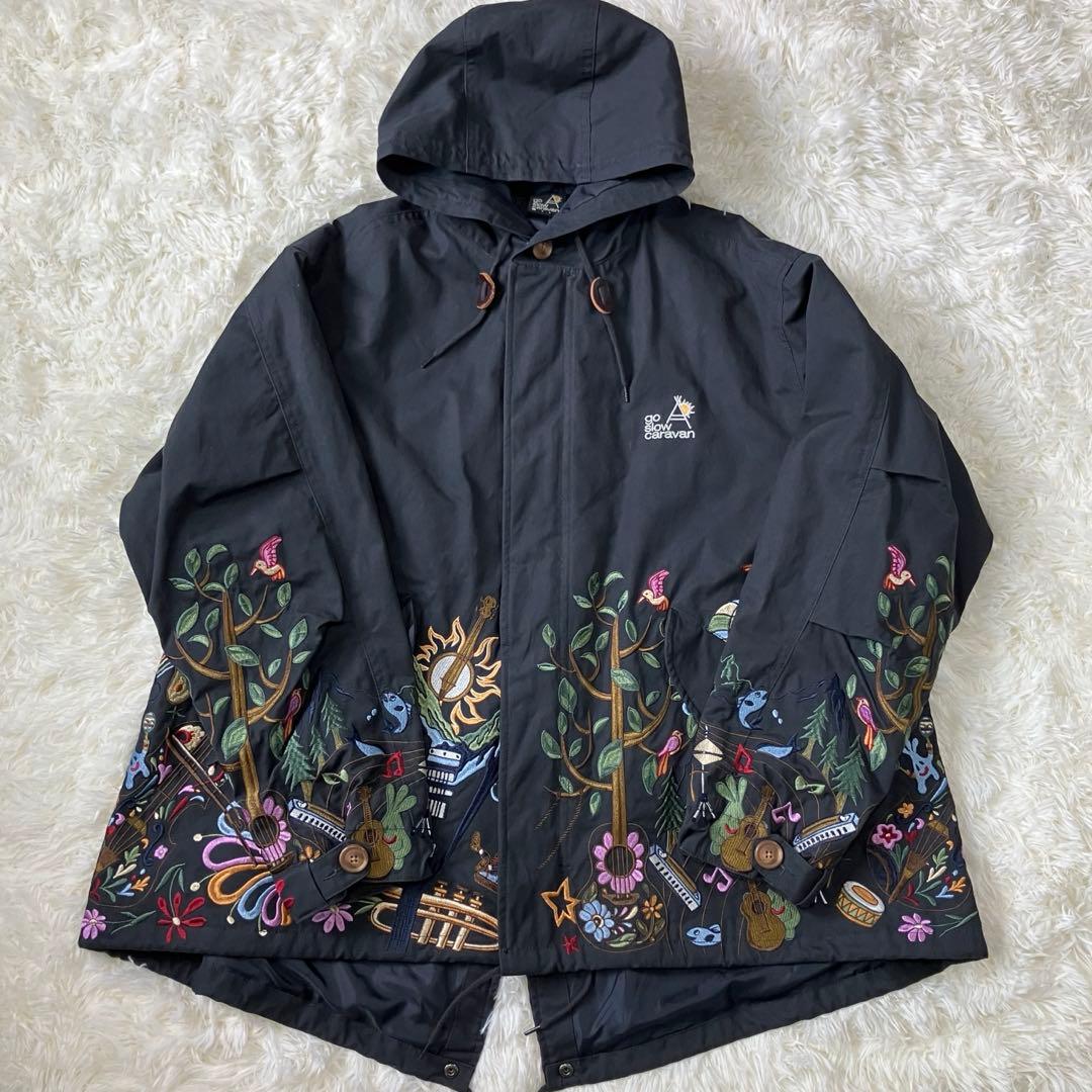 go slow caravan コードクロスパネル 刺繍 モッズコート 黒 音楽