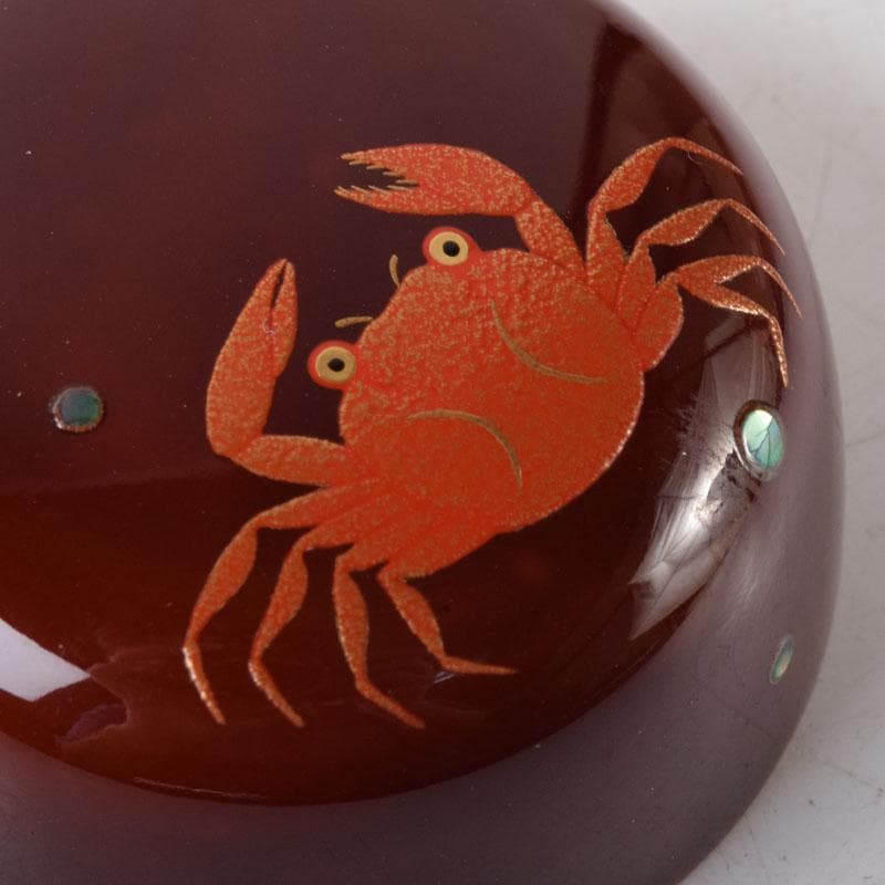 茶道具　山中塗　中嶋宗峰作　桜材　蟹蒔絵　下膨形香合　共箱　V　7507