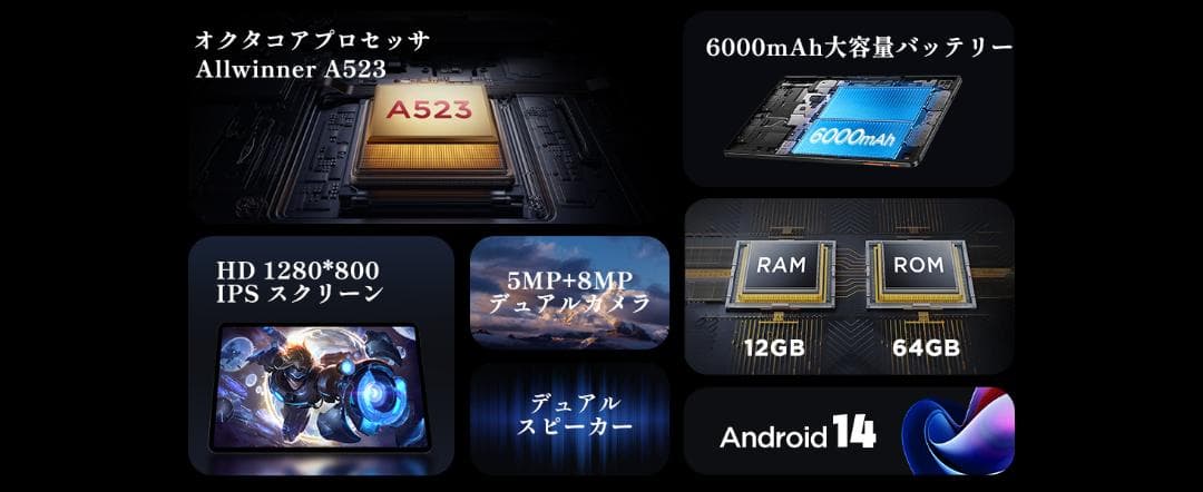 タブレット 10インチ Wi-Fi　アンドロイド タブレット Android14