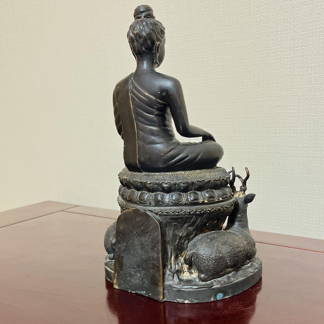 【希少】釈迦如来坐像 初転法輪 鹿野苑 仏像 青銅調 骨董 縁起物 オブジェ