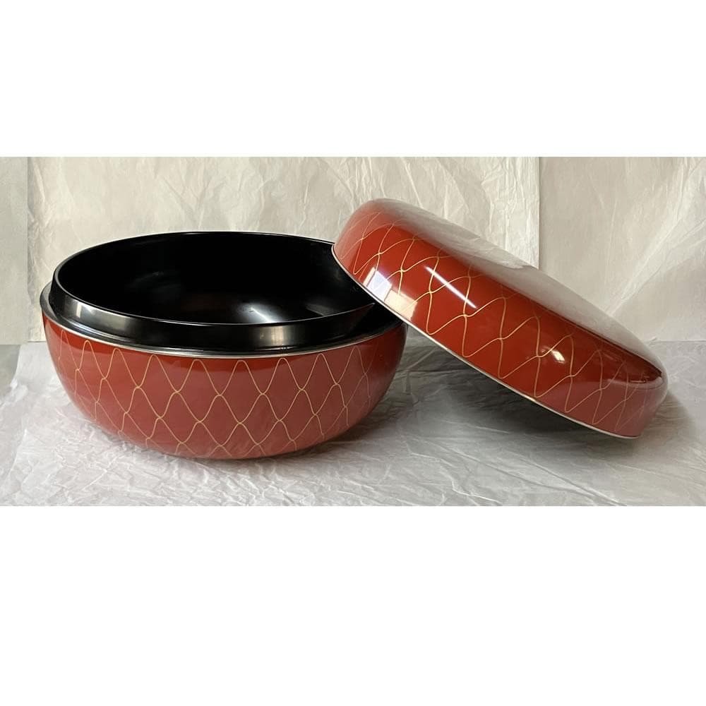 F1418 岡本陽斎 金網目蒔絵 朱喰篭 共箱 菓子器 蓋物 喰籠 食籠 茶道具