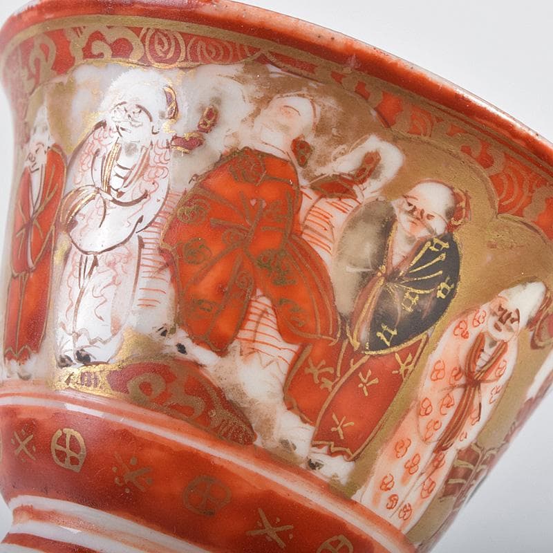 九谷焼　古九谷　赤絵金彩　人物花文　煎茶碗　五客　時代箱付　U　R9306