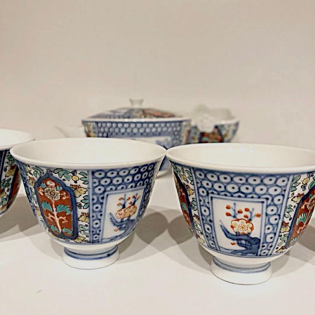 酒井田柿右衛門　煎茶器揃い　宝瓶　湯冷　湯呑　染付茶器　茶道具　染錦間取山水地紋