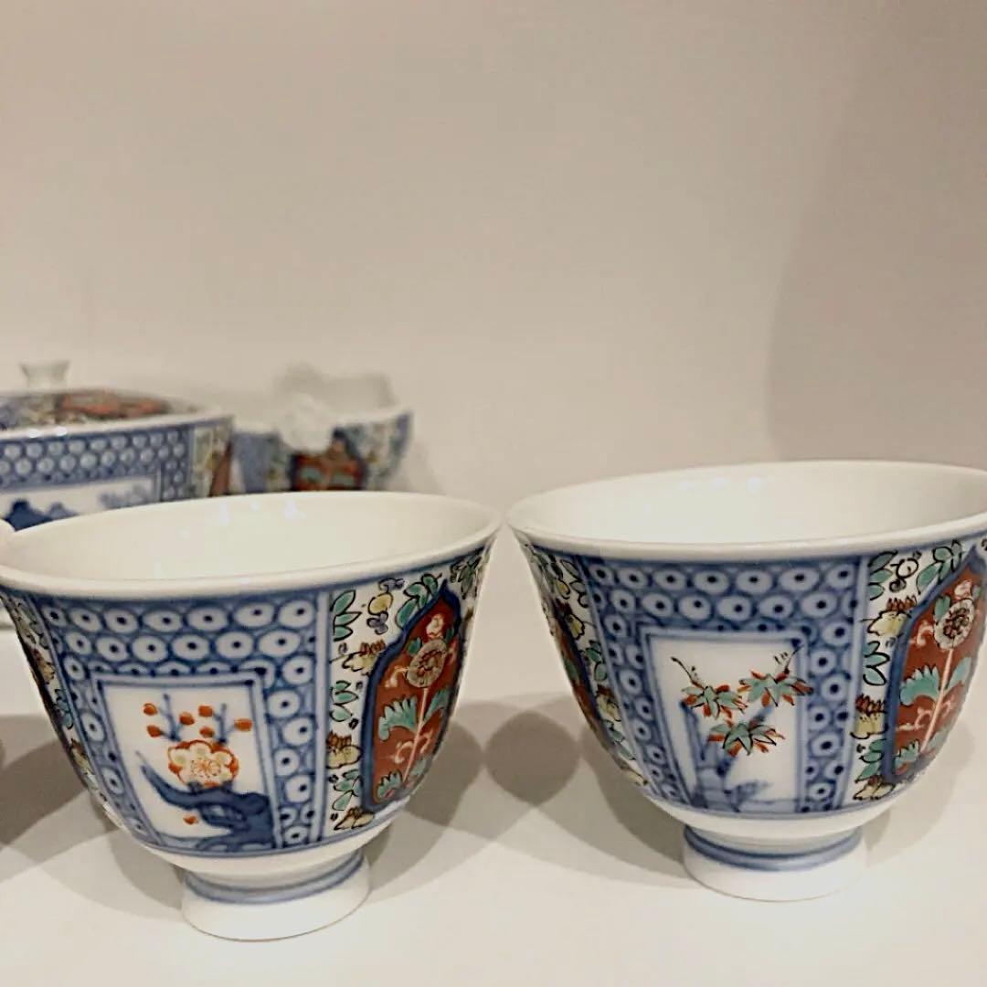 酒井田柿右衛門　煎茶器揃い　宝瓶　湯冷　湯呑　染付茶器　茶道具　染錦間取山水地紋