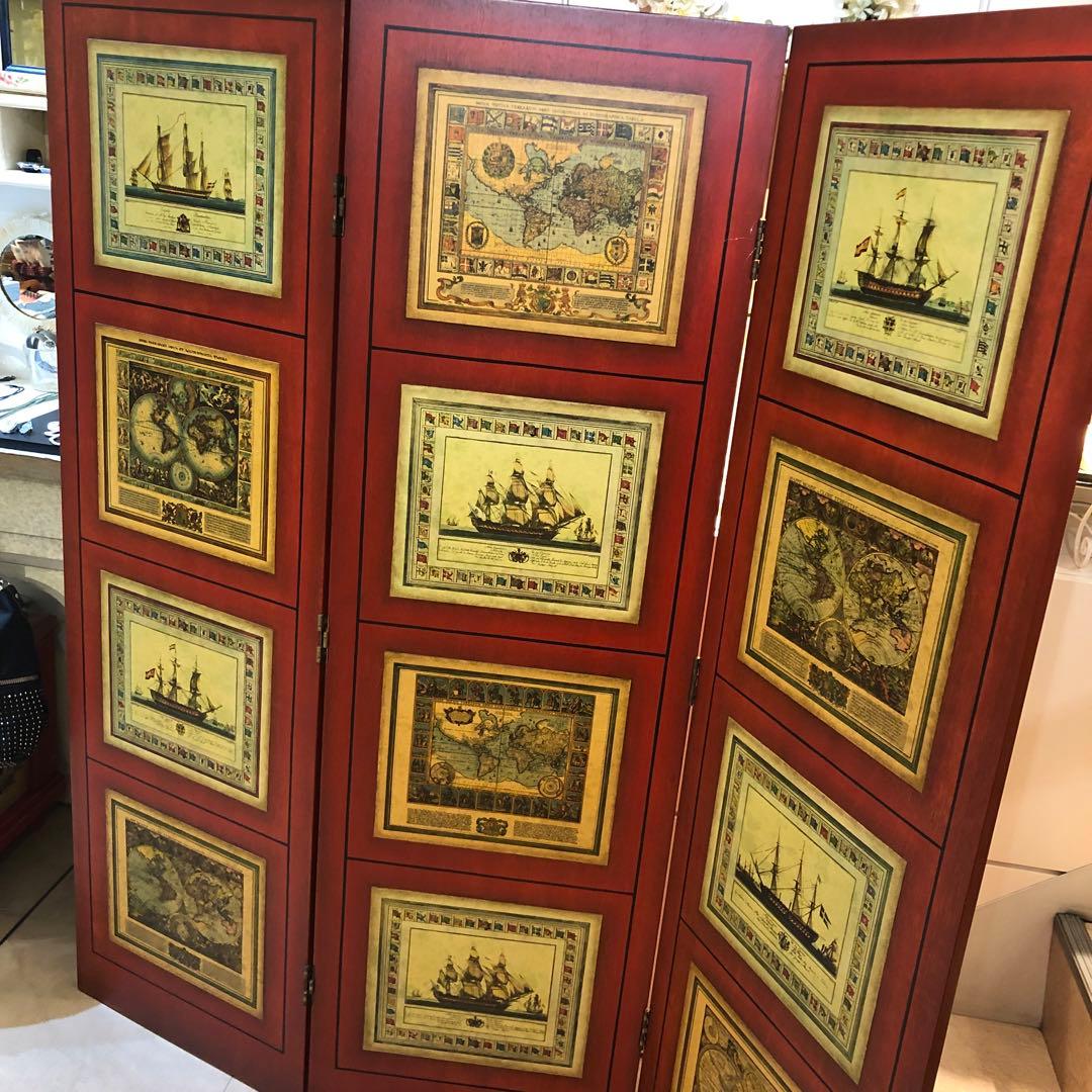 フランス　ついたて　ヴィンテージ 古地図　デコパージュ　ハンドメイド