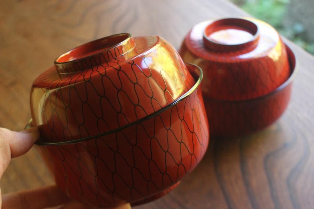 極小傷有！極上朱漆に風情ある網目文の映える大椀2点（検輪島塗懐石道具茶道具懐石椀