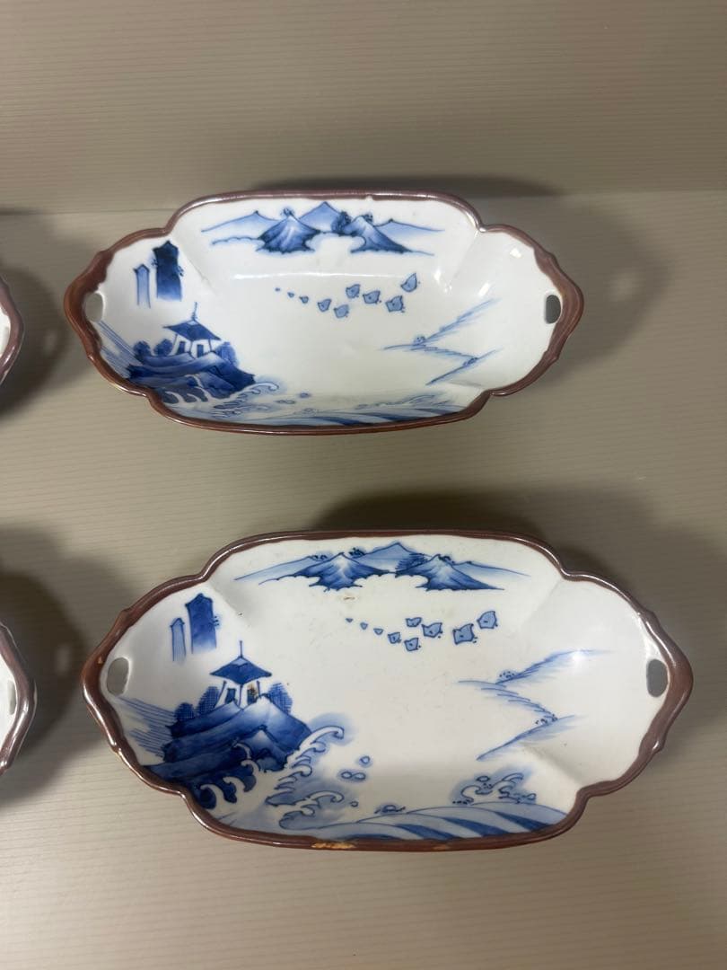 2110 明治大正 伊万里 舟形皿 4客　長山文製 染付山水　時代物