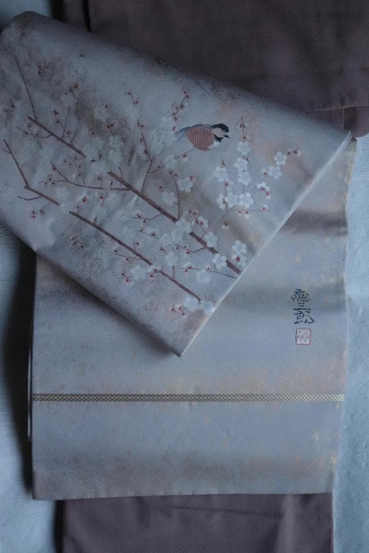 袋帯　梅と小鳥　作家物