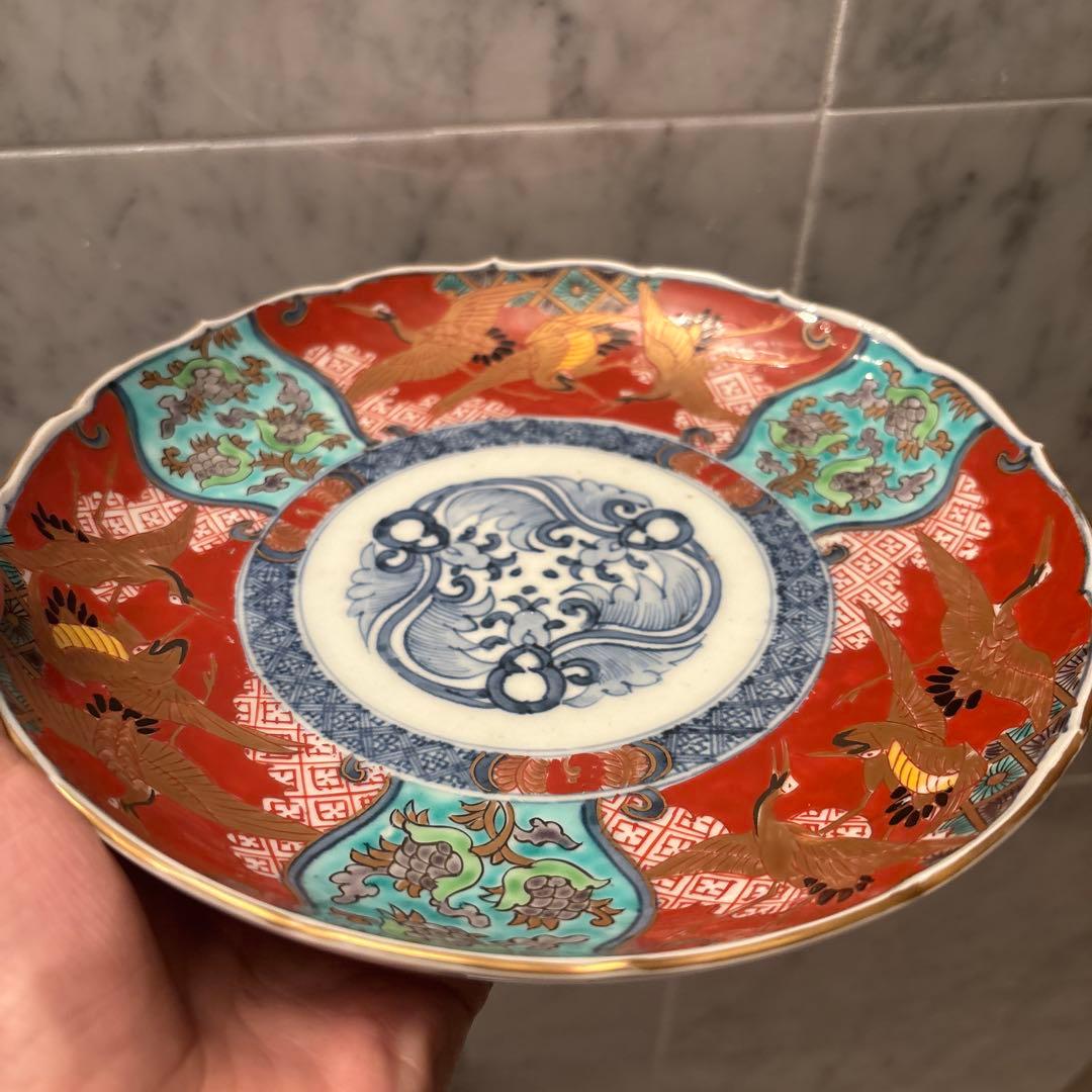 江戸後期 古伊万里 鶴やお花美しく金彩ふんだんの豪華絢爛な赤絵大皿23cm