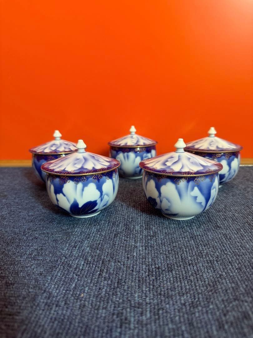 2032 深川製磁　牡丹金ミル　湯呑蓋付　5客　金彩　未使用