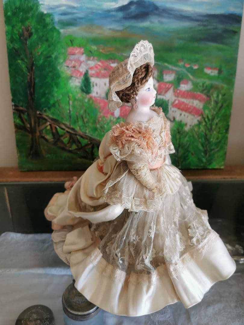 アンティークフランス ゴーチェビスクドール シルクタフタ＆レース４層ドレス19c