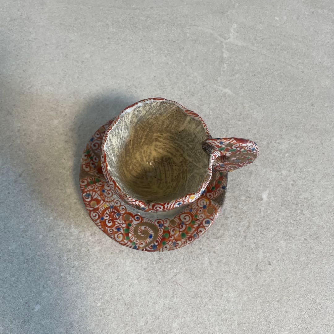 【メルカリ便】人気陶芸作家　苧坂恒治作　渦赤絵　手描き　カップ&ソーサー　珈琲碗