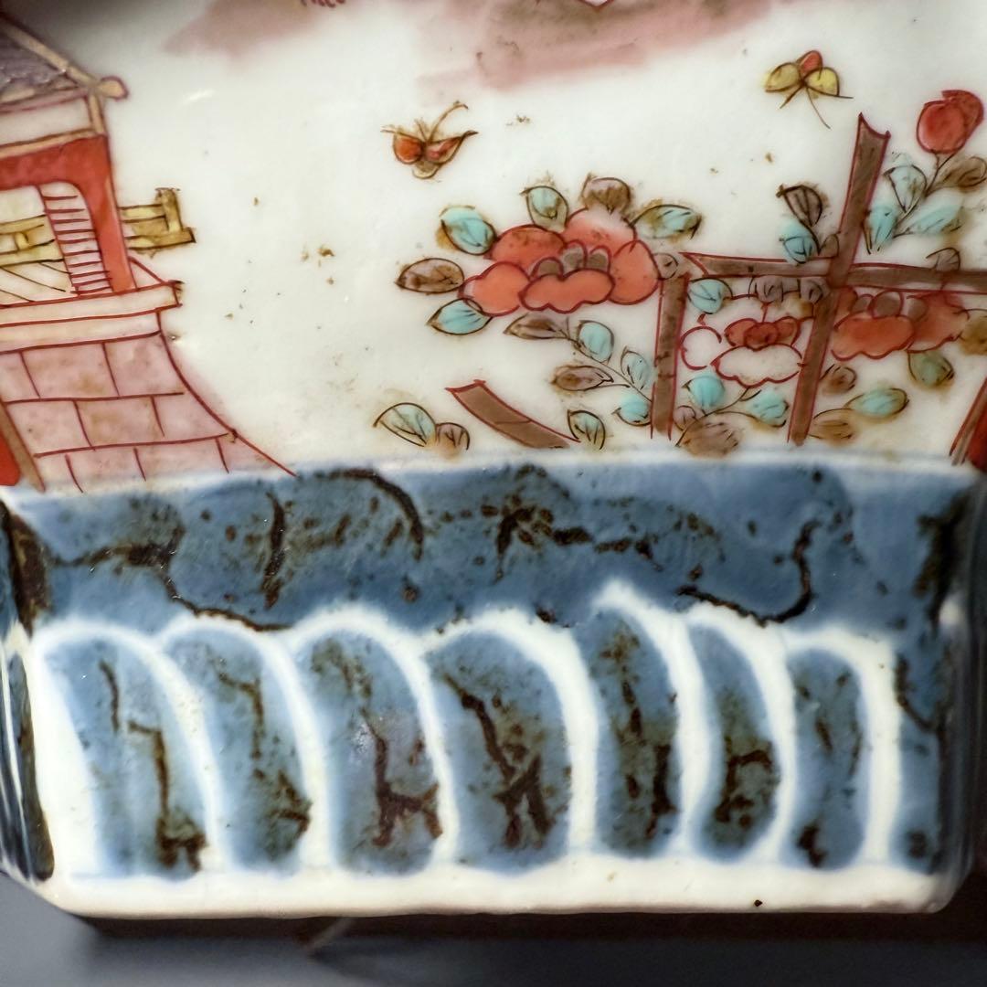 江戸後期〜明治時代　色絵松竹梅鳥賢人図六角鉢　共箱　古美術　豪商旧蔵品