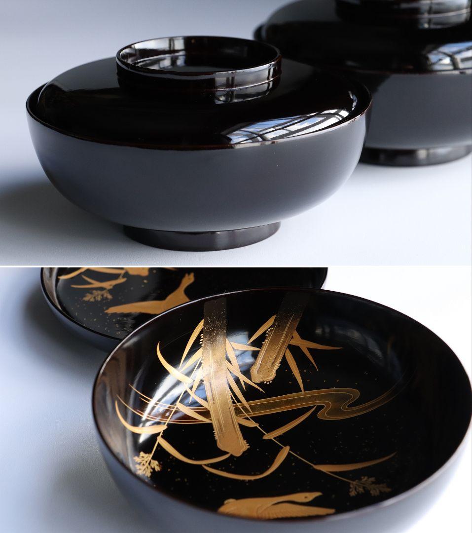 CL64 加賀蒔絵 月に雁 金蒔絵 黒塗煮物椀 五客 木製漆器 梨地 鳥 芦
