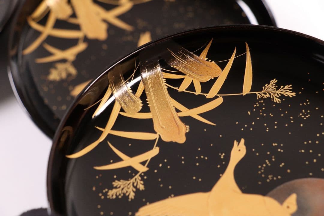 CL64 加賀蒔絵 月に雁 金蒔絵 黒塗煮物椀 五客 木製漆器 梨地 鳥 芦