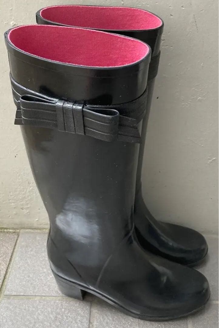 ★kate spade★ケイトスペード リボン ブラック レインブーツ 長靴 黒