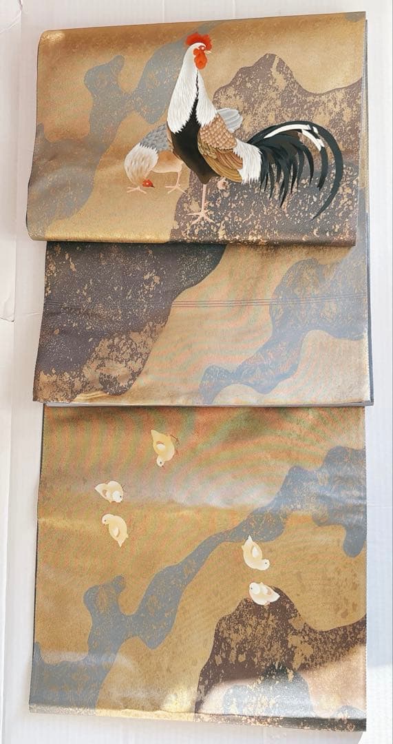 手描きの鶏ニワトリとひよこが可愛い箔の袋帯　六通　グレー灰色金箔銀箔