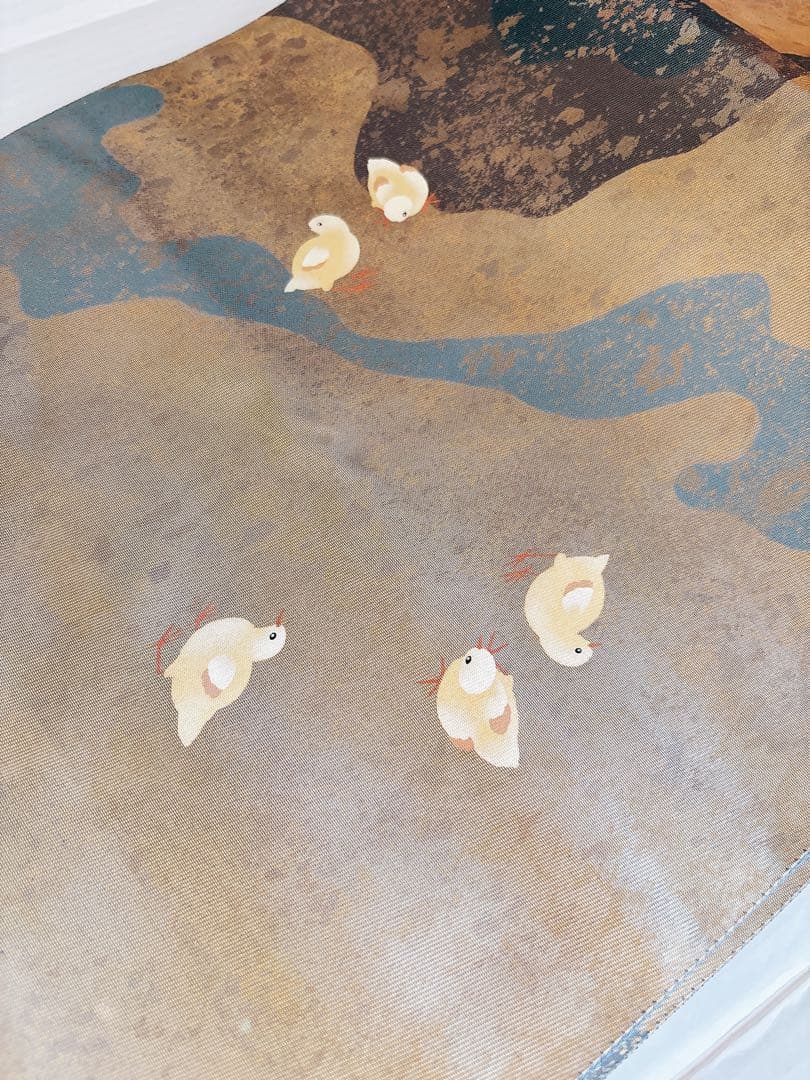 手描きの鶏ニワトリとひよこが可愛い箔の袋帯　六通　グレー灰色金箔銀箔