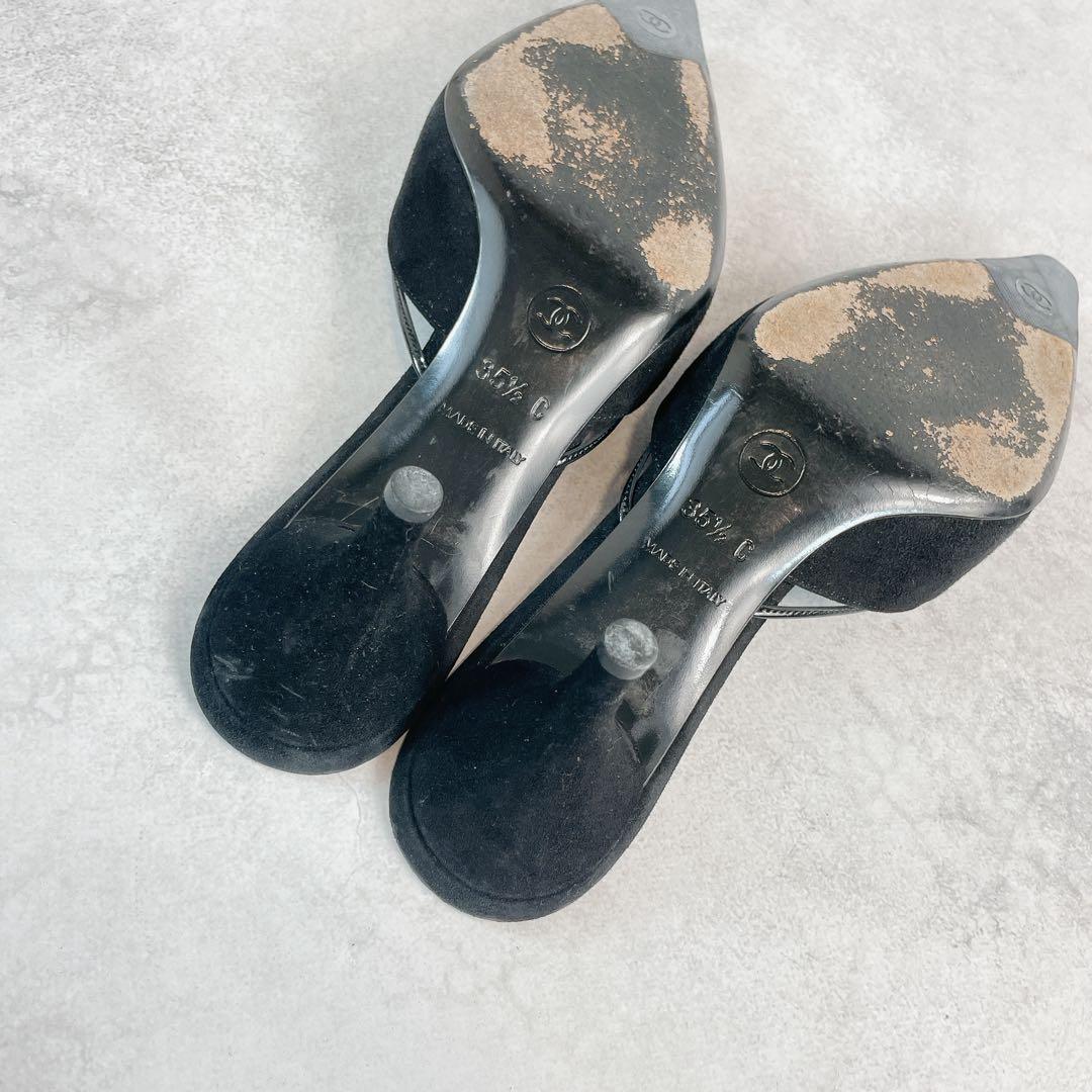 靴 Vintage Chanel Black suede bow mules