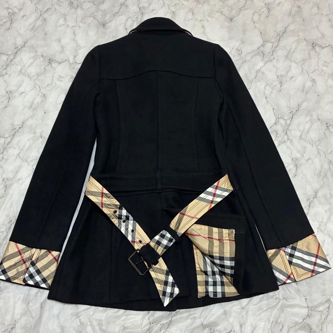 BURBERRY 美品 ノバチェック ベルト付 メルトン コート 黒 ブラック